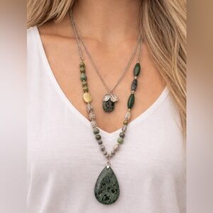 Boho Green Beaded Layered Necklace | Teardrop Pendant | Silver Tone